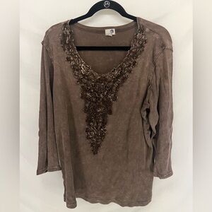 Vintage Y2K Women’s One World Brown Lace Cotton Top Size 1X Boho Plus Size